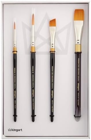 KINGART Original Gold Series Premium Golden Taklon Multimedia Artist Brushes, Painting Tools for Oil, Acrylic, Watercolor and Gouache, Gift Box, Set of 4 Kingart