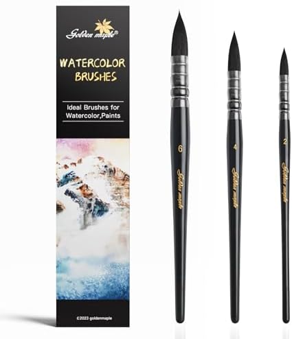 Watercolor Brush Set - Sizes 2,4,6 - Round Quill Fine Tip Mop Brushes, Soft Synthetic Squirrel Hair, Short Handles for Professional Artists - Water Color Painting (Black) Golden maple