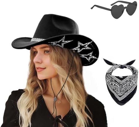 Cowgirl Hat and Bandana and Heart Sunglasses Glitter Rhinestone Star Cowboy Hat Western Sparkly Hats for Women Men SHENYI