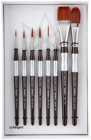 KINGART 1070C Premium 8 Pc. Precision Acrylic Artist Paint Brushes, Short Comfort Handle, Synthetic Taklon Hair for Acrylic, Oil, Watercolor and Gouache Paints, Gift Boxed, Set of 8 Kingart