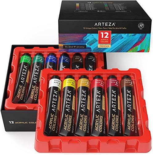 ARTEZA Acrylic Paint Set of 12 Colors, 0.74 Ounces Tubes, Non-Toxic Acrylic Artist Paints. Art Supplies for Painting ARTEZA