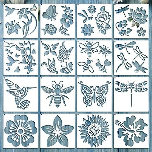 16 Pieces Flower Stencil for Painting Bee Sunflower Butterfly Spring Stencil Large Template Reusable Summer Painting Stencil and Metal Open Ring for DIY Craft on Wood Wall Home Decor(5.1 x 5.1 Inch) Zonon