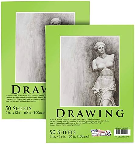 U.S. Art Supply 9" x 12" Premium Drawing Paper Pad, Pack of 2, 50 Sheets Each, 60lb (100gsm) - Artist Sketch Mixed Media Paper, Acid-Free - Graphite Colored Pencils, Charcoal - Kids, Adults, Students U.S. Art Supply