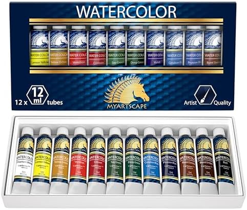 MyArtscape Watercolor Paint Set - 12 x 12ml Tubes - Lightfast - Highly Pigmented - Vibrant Colors - Fade Proof - Painting Kit for Adults & Hobby Painters - Professional Watercolors Art Supplies MyArtscape