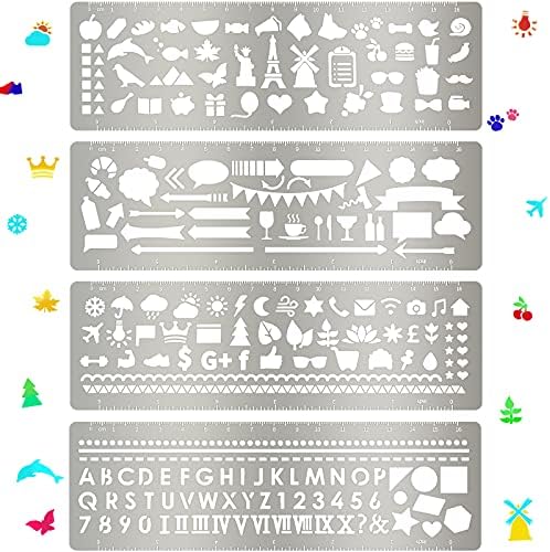 Chinco 4 Pieces Stencils Metal Journal Stencil 7.1 x 2.3 Inch Bookmark Ruler School Supplies Stainless Steel Stencils Kit for DIY, Engraving, Painting, Scrapbooking(Christmas Style) Chinco