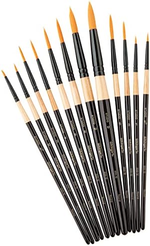 KINGART Studio Mixed Media Round Synthetic Brushes, Set of 12, Black GlossLacquered Handle with Black Ferrule, Acrylic, Watercolor, Gouache Kingart