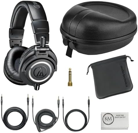 Audio-Technica ATH-M50x Professional Studio Monitor Headphones | Black Bundle with Full Sized Hard Body Headphone Case and Microfiber Cleaning Cloth (3 Items) Audio-Technica