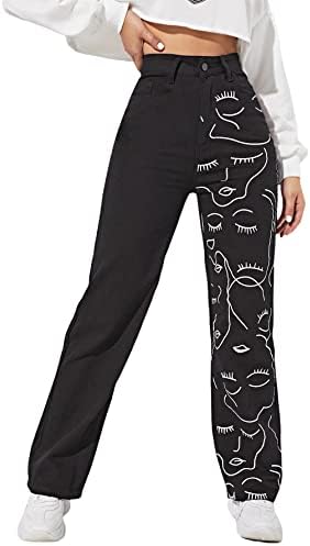 WDIRARA Women's Graphic Print High Waist Wide Leg Jeans Button Denim Pants Wdirara