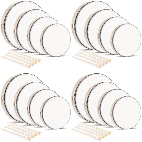 16 Pcs Hand Drum with 16 Pcs Drum Stick 6 Inch 8 Inch 10 Inch 12 Inch Wooden Frame Drum Adults Kids Drums Musical Educational Percussion Instruments for Home Party School, White Lukmaa