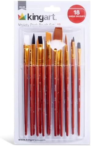 KINGART All-Purpose Mixed Brush Set, Brown, White, Gold, and Black Taklon Variety Pack, Set of 18 Kingart