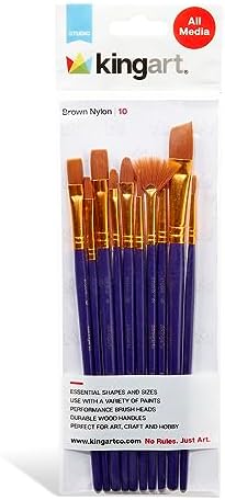 KINGART 216-10 All Purpose 10 Pc. Art, Craft & Hobby Paint Brush Set, Assorted Round & Flat Brushes, Synthetic Gold Nylon, Short Handle, Use with Oil, Acrylic & Watercolor Paint Kingart