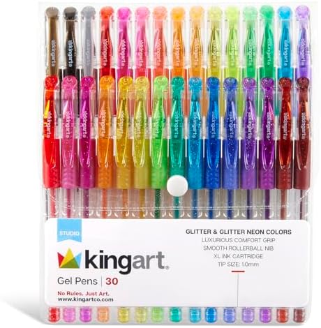 KINGART 400-30 GLITTER Rollerball GEL PENS, 30 Sparkling Colors with Soft-Grip Comfort, XL Ink Cartridge - For Coloring, Doodling, Scrapbooking, Journaling and General Use, All Ages, 30 Pens Kingart