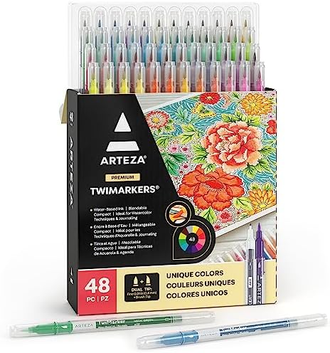 ARTEZA Dual Tip Brush Markers, Set of 48, Art Markers with Fine and Brush Tips, Dual Tip Pens for Adult Coloring, Calligraphy, Sketching, Doodling ARTEZA