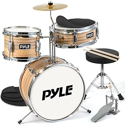 Pyle 13'' 3-Piece Kids/Junior Metallic Striped Yellow Matt Set with Throne, Cymbal, Pedal, Bass Drum, Tom and Drumsticks (PDRMKIT72N.5) Pyle