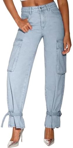 Women's Baggy Cargo Pants High Waist Straight Leg Flap Pocket Jeans Y2K Ankle Tie Denim Jeans Jogger Yexpine