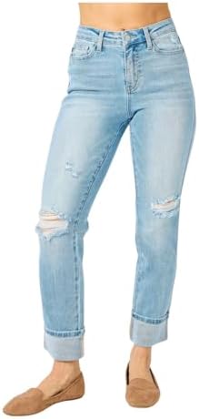 Judy Blue Mid Rise Americana Flag Cuff Boyfriend Jeans - Comfortable, Stylish, and Patriotic Denim for Every Occasion-88723 Judy Blue