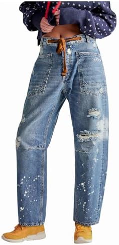 LifeShe Women's Baggy Barrel Jeans Casual Boyfriend Mid Rise Drawstring Wide Leg Denim Pants LifeShe