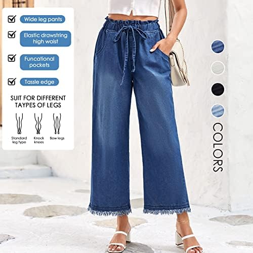 Valphsio Women's Baggy Wide Leg Jeans Tie Waist Chambray Culottes Tassel Pants Crop Length Valphsio