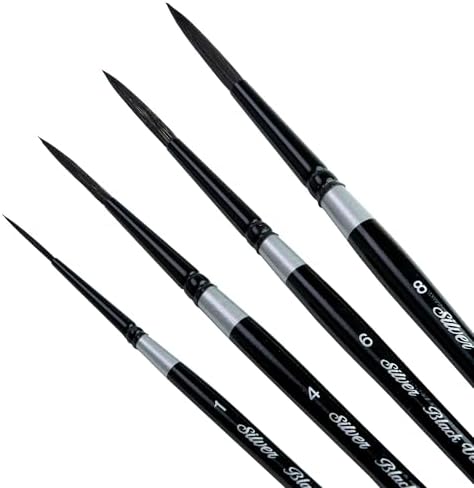 Silver Brush Limited BV-3053S Black Velvet Short Handle Script Liner Brushes, Mixed Filament With Very Soft Tips, 4pc Professional Artist Painting Bundle for Watercolors, Gouache, Dyes & Silk Painting Silver Brush Limited