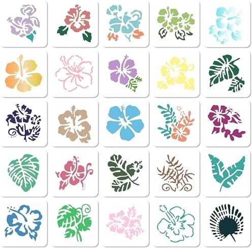 GORGECRAFT 25 Styles Hibiscus Stencils Reusable Plastic Flower Leaf Tropical Leaves Palm Tree Nature Floral Art Craft Drawing Template Stencil for Painting on Wood Rock Wall Furniture Scrapbooking Gorgecraft