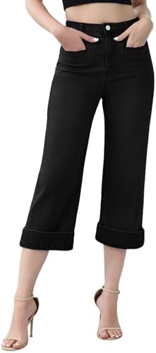 Genleck Capri Wide Leg Jeans for Women High Waisted Boyfriend Stretchy Straight Trousers Pants with Pockets Trendy Genleck