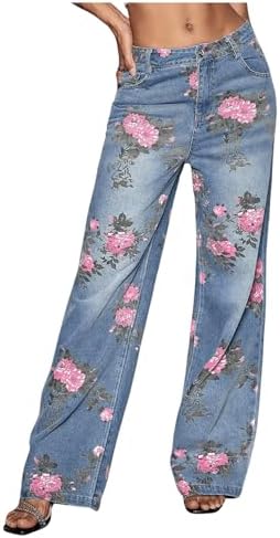 Women's Floral Print Low Waist Jeans Straight Leg Denim Pants with Pocket Beaudrm