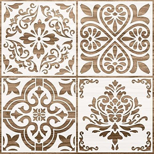 4 Pieces Reusable Tile Stencil 12 x 12 Inches Wall Templates Tile Pattern Stencil Drawing Templates for DIY Scrapbooks Wall Floor Home Decors (Flower Style) Zonon