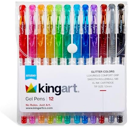 KingArt 400-12 Glitter Rollerball Gel Pens, 12 Sparkling Colors with Soft-Grip Comfort, XL Ink Cartridge - More Ink, Great for All Ages, Writing, Coloring, Doodling, Scrapbooking, Journaling & More Kingart