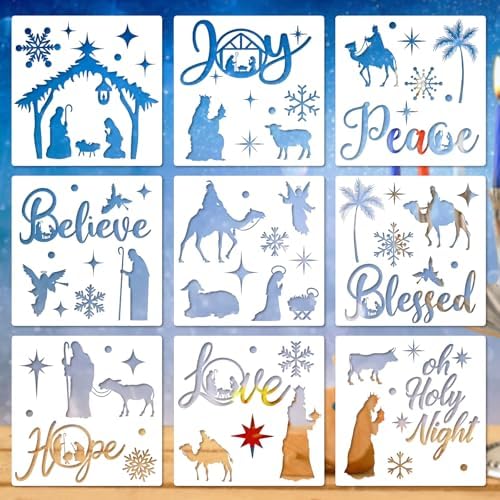 9Pcs Christmas Nativity Stencils 7.9 Inch Holy Night Templates Stencils Reusable Plastic Drawing Painting Template for Xmas Winter DIY Art Craft Painting on Wood JarThenaAMCS