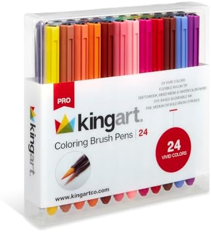 KINGART Pro, Water-Based Ink, Set of 24 Unique & Vivid Colors Brush Pens, Assorted 24 Piece Kingart