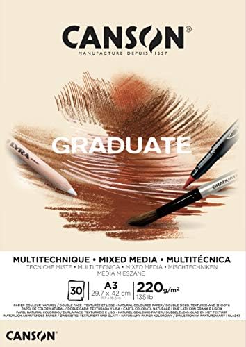 Canson Graduate Mixed Media 200gsm A3 Paper, Double Sided: Grained And Smooth, Pad Glued Short Side, 30 Natural Sheets, Ideal for Student Artists Canson