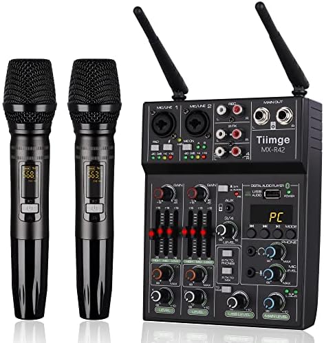 Professional Audio Mixer With Dual Wireless Microphone, Sound Board Console System Interface 4 Channel Dj Mixer USB Bluetooth MP3 Computer Input 48V Phantom Power, Suitable for DJ Karaoke PC Guitar Tiimge