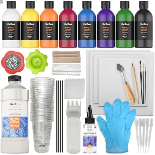 Nicpro Acrylic Pouring Kit, Artist Starter Supplies Including 19 Colors Acrylic Paints,Pouring Medium, Silicone Oil, Canvases, Gloves, Strainers, Mixing Stick, Instructions for Flow DIY Painting Nicpro