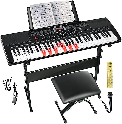 Keyboard Piano 61 Key Electric Piano Keyboard for Beginners/Professional, Portable Light Up Music Keyboard Built-in Dual Speakers with LED Display, Music Stand, Stand, Microphone, Bench (A) SFESGRER