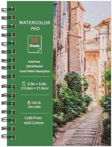 Prudiut 36 Sheets Watercolor Paper Pads 5.5x8.5”, 140 lb/300 GSM Cold Press Water Color Paper, Spiral Bound Watercolor Sketchbook for Watercolors, Art Painting, Journal Prudiut