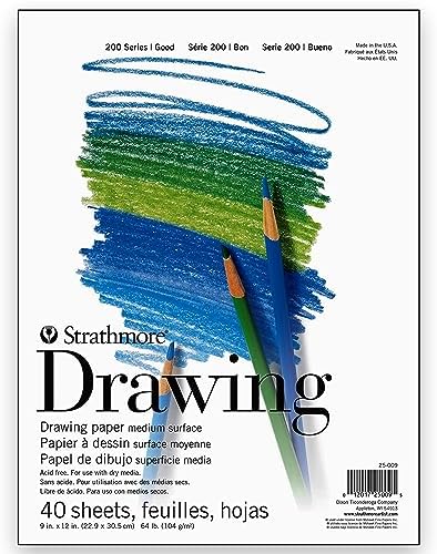 Strathmore 200 Series Drawing Paper, Tape Bound Pad, 9x12 inches, 40 Sheets (64lb/104g) - Artist Paper for Adults and Students - Charcoal, Colored Pencil, Ink, Pastel, Marker Strathmore