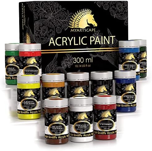 MyArtscape Large Bulk Acrylic Paint Set - 12 x 300ml Bottles - Lightfast - Heavy Body - Rich Pigments - Artist Quality Painting Supplies - Professional Grade Paints MyArtscape