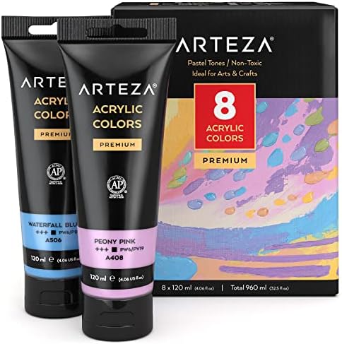 ARTEZA Acrylic Paint Set, 8 Pastel Colors, 4.06 fl oz Tubes, High Viscosity Water-Based Paint, Glossy Finish, Art Supplies for Painting on Canvas, Parper, Wood, Fabric, and DIY Projects ARTEZA