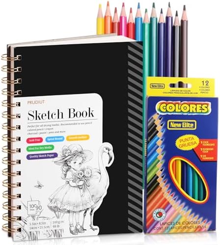 Sketch Book with 12 Color Pencil Set, 90 Sheets Spiral Sketchbook for Drawing (68lb/100gsm), Acid-Free Sketch Pad for Kids Artist, Art Paper Drawing Supplies for Gifts Christmas(5.5×8.5 inch) Prudiut