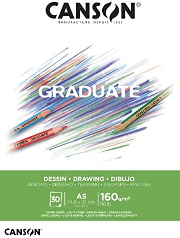 CANSON Graduate White Drawing 160gsm A3 Paper, Light Grain, Pad Glued Short Side, 30 Bright White Sheets, Ideal for Student Artists Canson