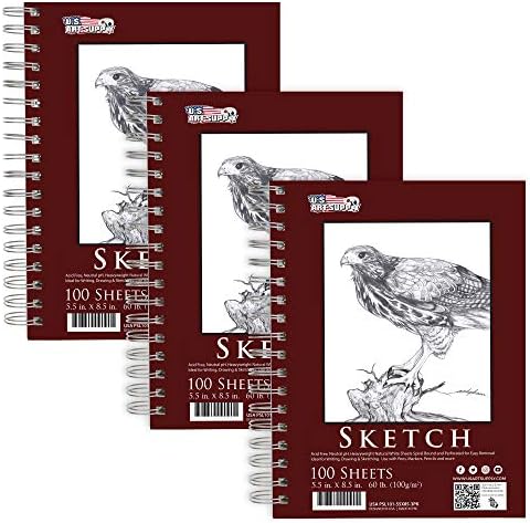 U.S. Art Supply 5.5" x 8.5" Sketch Book Pad, Pack of 3, 100 Sheets Each, 60lb (100gsm) - Spiral Bound Artist Sketching Drawing Paper Pad, Acid-Free - Graphite Colored Pencils, Charcoal - Adult Student U.S. Art Supply