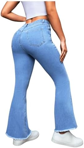 Women's High Waist Denim Pants Raw Hem Flared Leg Button Front Trendy Jeans Beaudrm