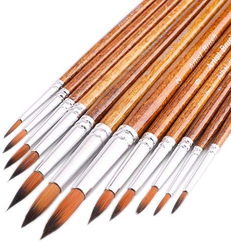 Artist Watercolor Paint Brushes, Round Pointed Tip Paint Brushes Set, 12pcs Different Sizes Detail Paint Brush for Watercolor, Acrylics, Ink, Gouache, Oil, Tempera (Brown) FENORKEY