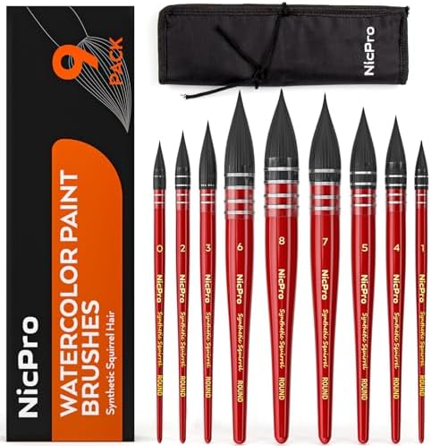 Nicpro Professional Watercolor Paint Brushes with Nylon Bag, 9PCS Mop Round Fine Tip Detail Paintbrush, Synthetic Squirrel Hair, Art Supplies Watercolor Set for Painting, Gouache, Oil - Red Color Nicpro