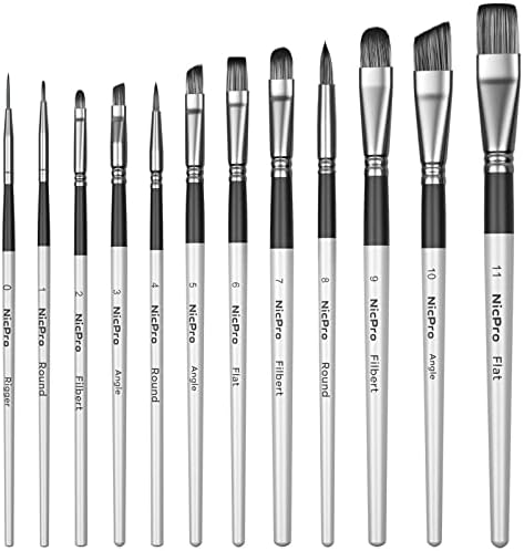 Nicpro 12pcs Artist Paint Brush Set, Pastel Painting Brushes Kit with Flat, Round, Filbert, Angle and Detail Paintbrushes, Nylon Bristles Paint Brushes for Acrylic Oil Watercolor Gouache Canvas Face Nicpro