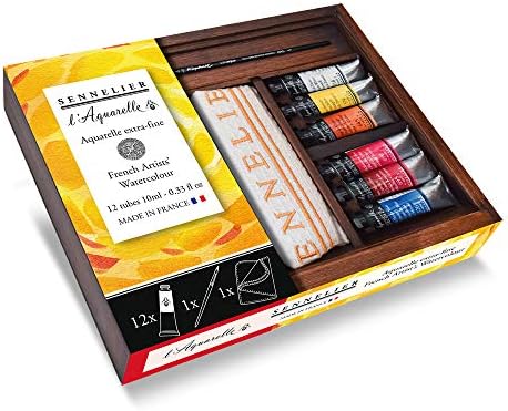 l'Aquarelle Extra-Fine French Artists' Watercolor Wood Box Set by Sennelier, Includes 12-10ml Tubes of Color, Raphael Brush and Sennelier Cloth (10-131690-SF) Sennelier