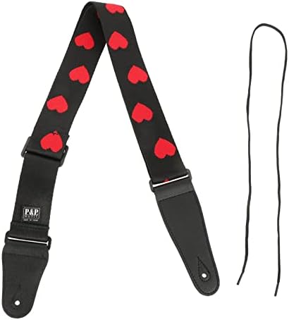 Vaguelly Guitar Strap, Adjustable Nylon Shoulder Strap with PU Ends, Embroidery Guitar Shoulder Strap Red Heart Patterned Vaguelly