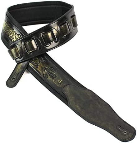 Walker and Williams GB-24 Brushed Gold Padded Guitar Strap with Fleur De Lis & French Chain Design for Acoustic, Electric, and Bass Guitars Walker & Williams