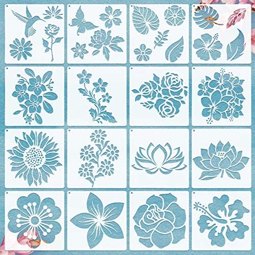 17 Pieces Flower Stencils for Painting on Wood Large Sunflower Painting Stencil Template Summer Butterflies Bird Rose Leaf Reusable Stencils DIY for Painting Wall Decor Spring (5.1 x 5.1 Inch) Zonon