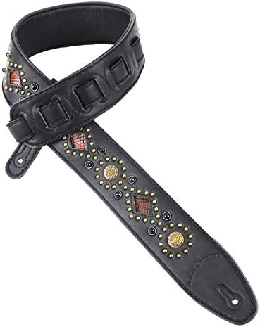 Walker And Williams GTR-20-BB Black On Black Sedona Special Guitar Strap With Padded Back, Snakeskin Inserts, Brass Studs & Rivets For Acoustic, Electric, And Bass Guitars Walker & Williams